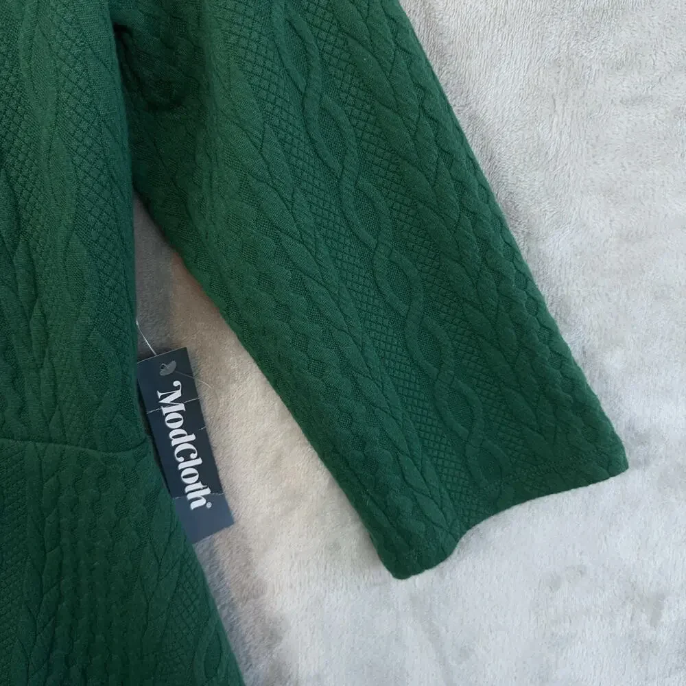 NWT MODCLOTH Braid My Entire Day 3/4 Sleeve Green Midi Dress Large Twee Cozycore
